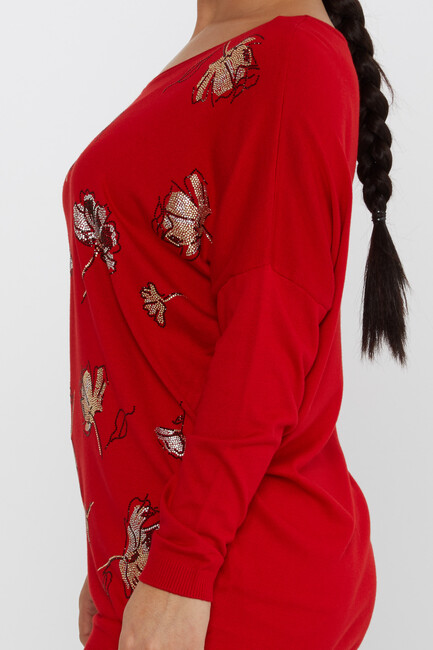 Women's Knitwear Flower Stone Detailed Crew Neck Red - 16622 | KAZEE - Thumbnail