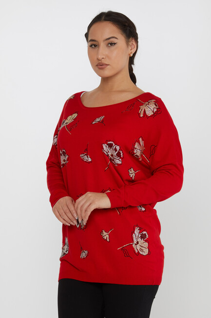 Women's Knitwear Flower Stone Detailed Crew Neck Red - 16622 | KAZEE - Thumbnail