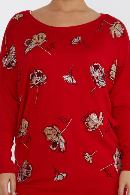 Women's Knitwear Flower Stone Detailed Crew Neck Red - 16622 | KAZEE - Thumbnail