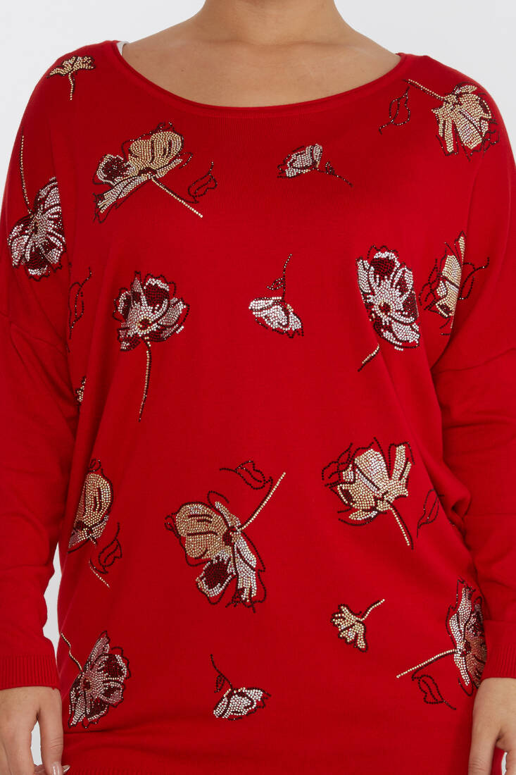 Women's Knitwear Flower Stone Detailed Crew Neck Red - 16622 | KAZEE