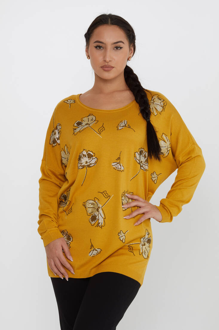 Women's Knitwear Floral Stone Detailed Crew Neck Saffron - 16622 | KAZEE