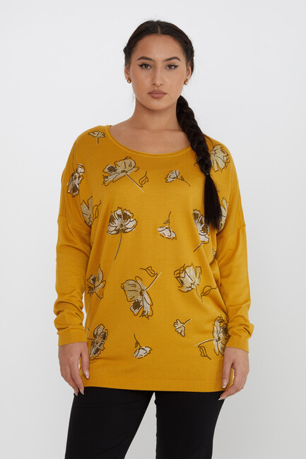 Women's Knitwear Floral Stone Detailed Crew Neck Saffron - 16622 | KAZEE - Thumbnail