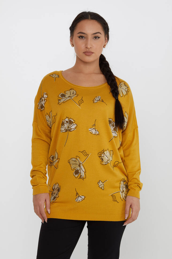 Women's Knitwear Floral Stone Detailed Crew Neck Saffron - 16622 | KAZEE