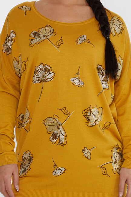 Women's Knitwear Floral Stone Detailed Crew Neck Saffron - 16622 | KAZEE - Thumbnail