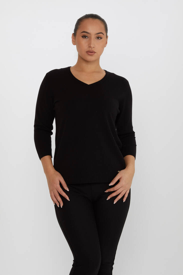 Women's Knitwear Glittery V-Neck Black - 31515 | KAZEE