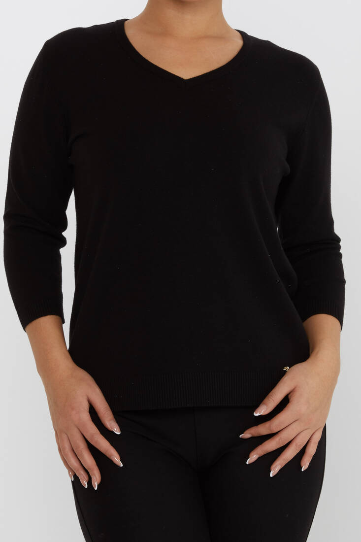 Women's Knitwear Glittery V-Neck Black - 31515 | KAZEE