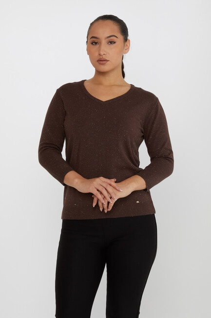 Women's Knitwear Glittery V-Neck Brown - 31515 | KAZEE - Thumbnail