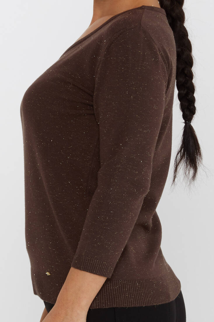 Women's Knitwear Glittery V-Neck Brown - 31515 | KAZEE