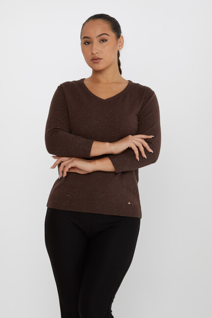 Women's Knitwear Glittery V-Neck Brown - 31515 | KAZEE - Thumbnail