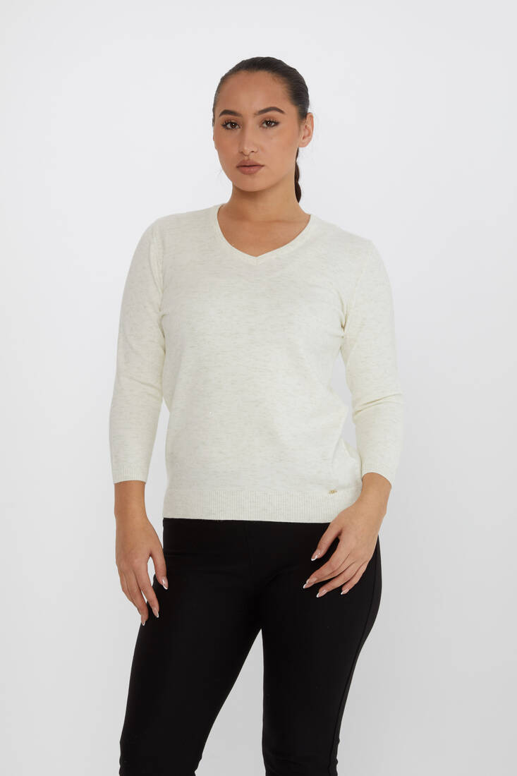 Women's Knitwear Glittery V-Neck Ecru - 31515 | KAZEE