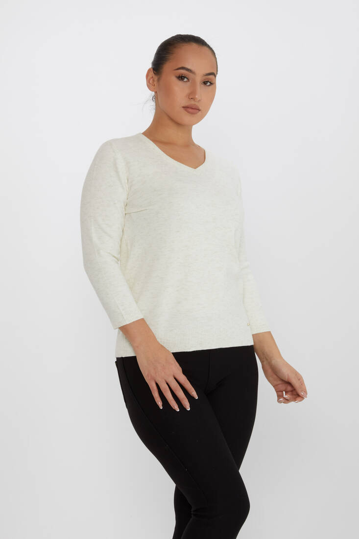 Women's Knitwear Glittery V-Neck Ecru - 31515 | KAZEE