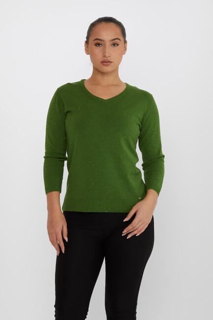 Women's Knitwear Glittery V-Neck Green - 31515 | KAZEE - Thumbnail