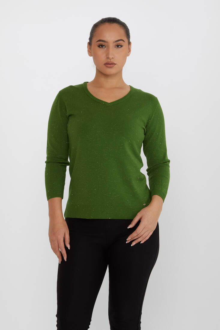 Women's Knitwear Glittery V-Neck Green - 31515 | KAZEE