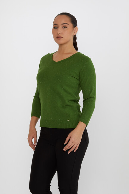 Women's Knitwear Glittery V-Neck Green - 31515 | KAZEE - Thumbnail