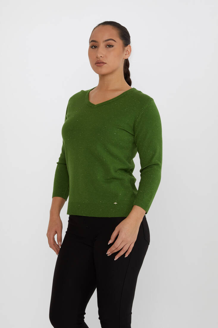 Women's Knitwear Glittery V-Neck Green - 31515 | KAZEE