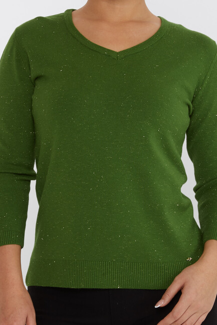 Women's Knitwear Glittery V-Neck Green - 31515 | KAZEE - Thumbnail