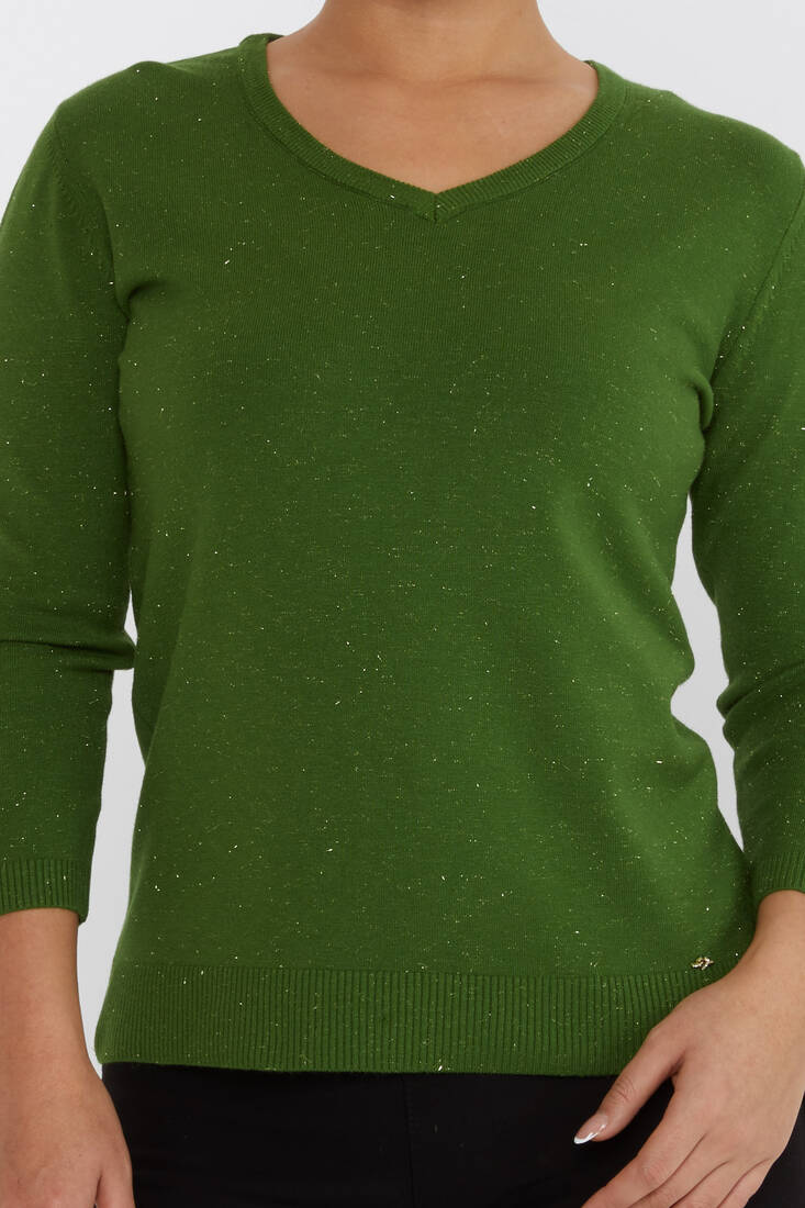 Women's Knitwear Glittery V-Neck Green - 31515 | KAZEE