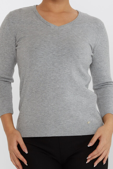 Women's Knitwear Glitter V-Neck Gray - 31515 | KAZEE - Thumbnail