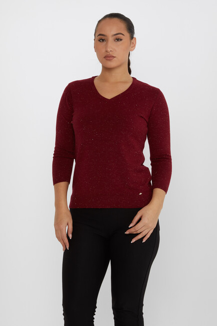 Women's Knitwear Glittery V-Neck Burgundy - 31515 | KAZEE - Thumbnail