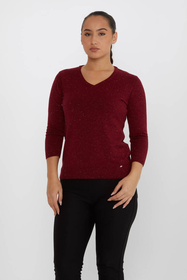 Women's Knitwear Glittery V-Neck Burgundy - 31515 | KAZEE