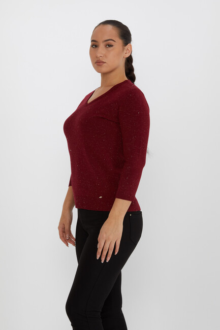 Women's Knitwear Glittery V-Neck Burgundy - 31515 | KAZEE - Thumbnail