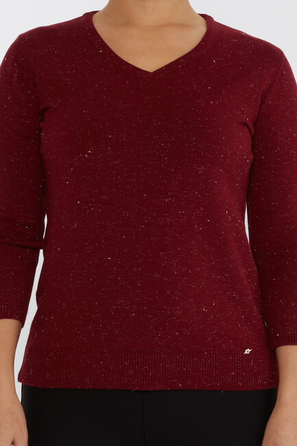 Women's Knitwear Glittery V-Neck Burgundy - 31515 | KAZEE - Thumbnail