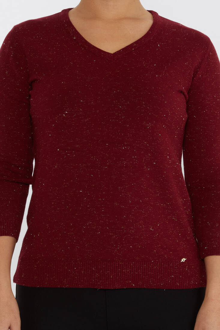 Women's Knitwear Glittery V-Neck Burgundy - 31515 | KAZEE