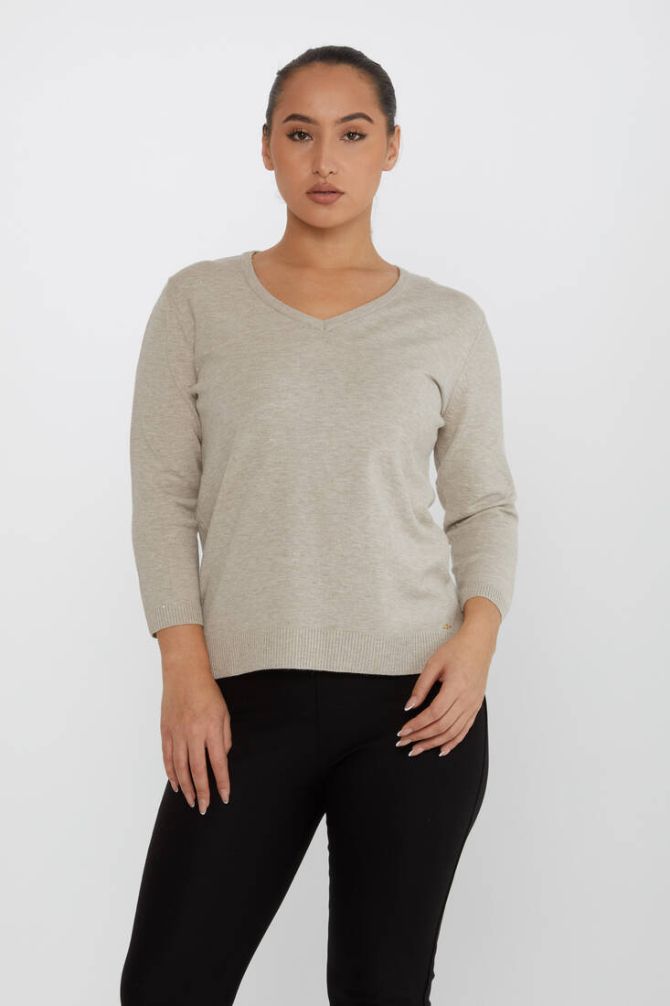 Women's Knitwear Glittery V-Neck Mink - 31515 | KAZEE