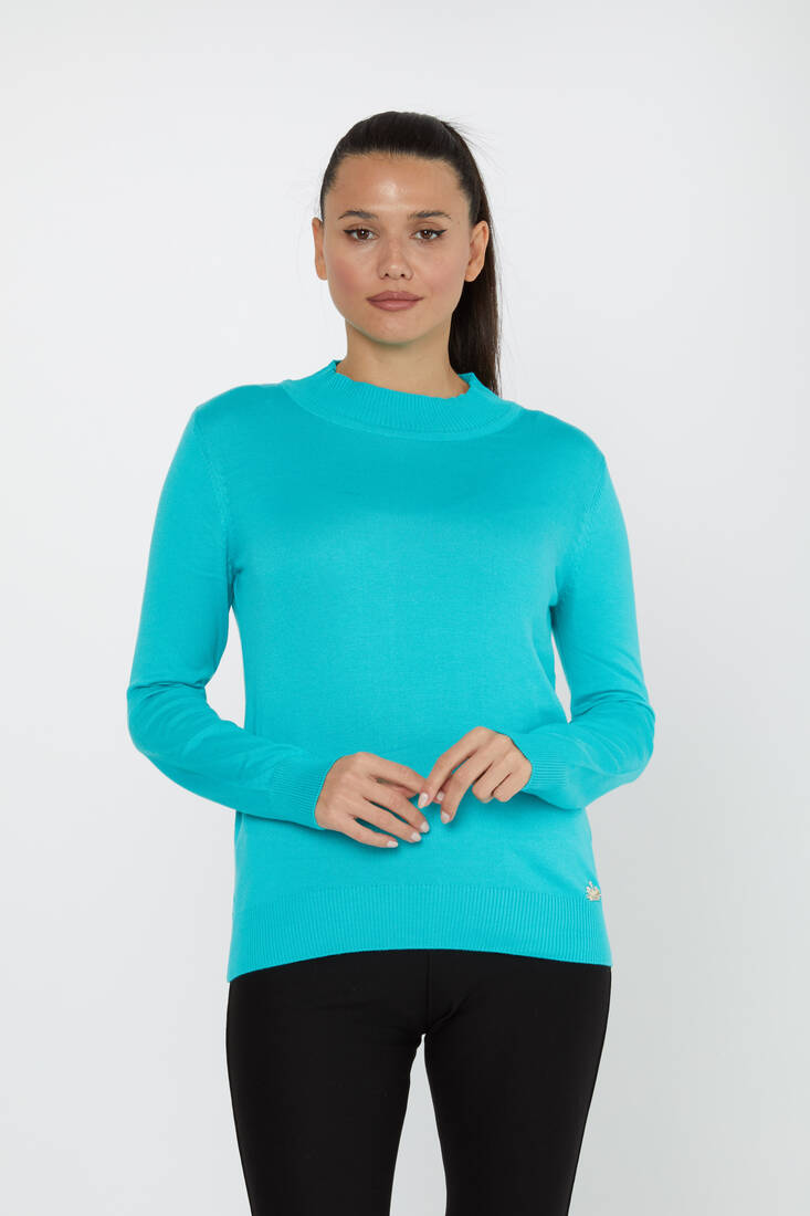 Women's Knitwear Stand Collar Basic Turquoise - 30613 | KAZEE