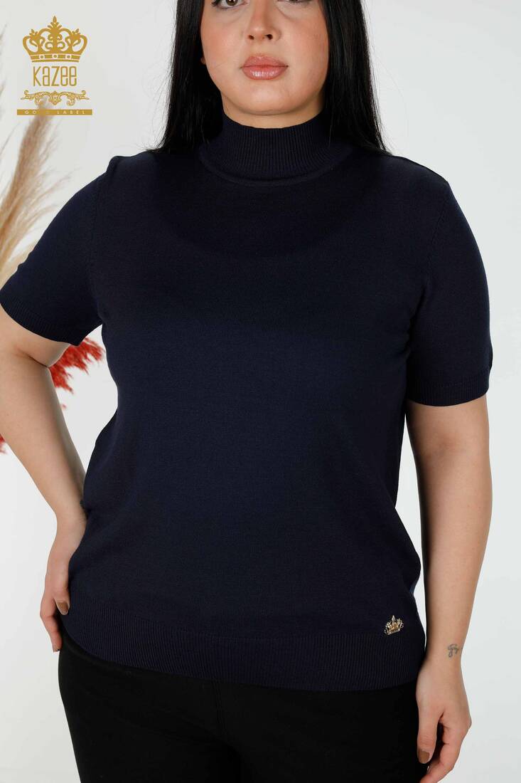 Women's Knitwear Standing Neck Navy Blue - 16168 | KAZEE