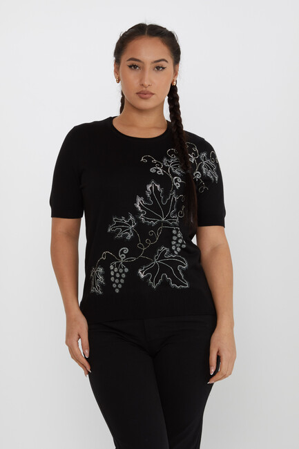 Women's Knitwear Leaf Detailed Stoned Black - 30654 | KAZEE - Thumbnail