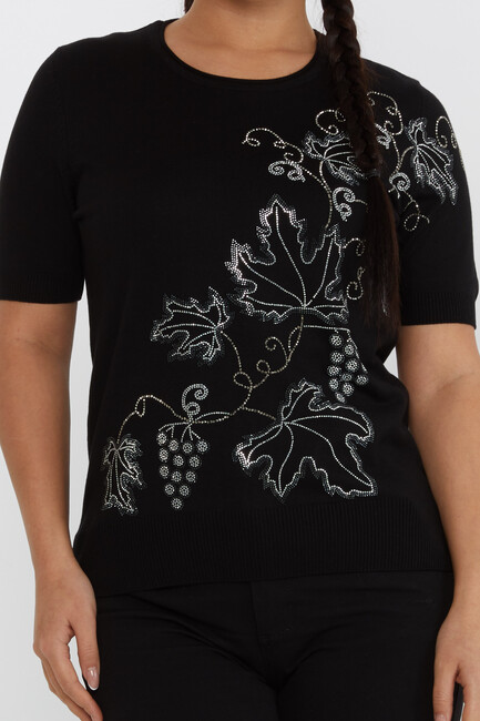 Women's Knitwear Leaf Detailed Stoned Black - 30654 | KAZEE - Thumbnail