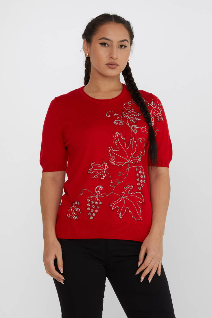 Women's Knitwear Leaf Detail Stoned Red - 30654 | KAZEE