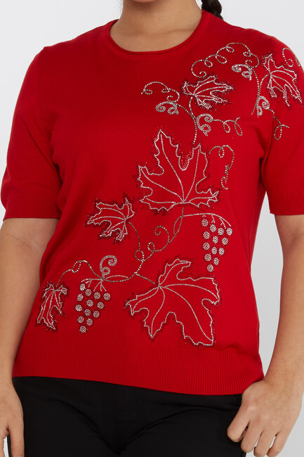 Women's Knitwear Leaf Detail Stoned Red - 30654 | KAZEE - Thumbnail