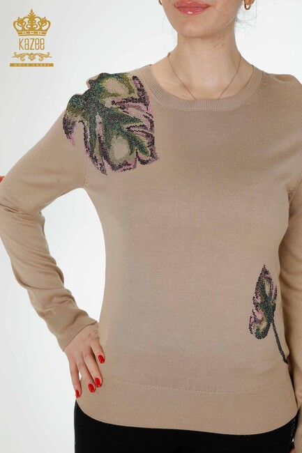 Women's Knitwear Leaf Patterned Beige - 16939 | KAZEE - Thumbnail