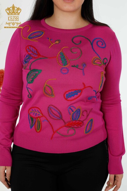 Women's Knitwear Leaf Patterned Fuchsia - 30124 | KAZEE - Thumbnail