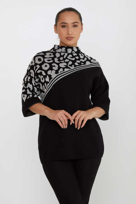 Women's Knitwear Leopard Patterned Stone Detailed Black-Ecru - 30198 | KAZEE - Thumbnail