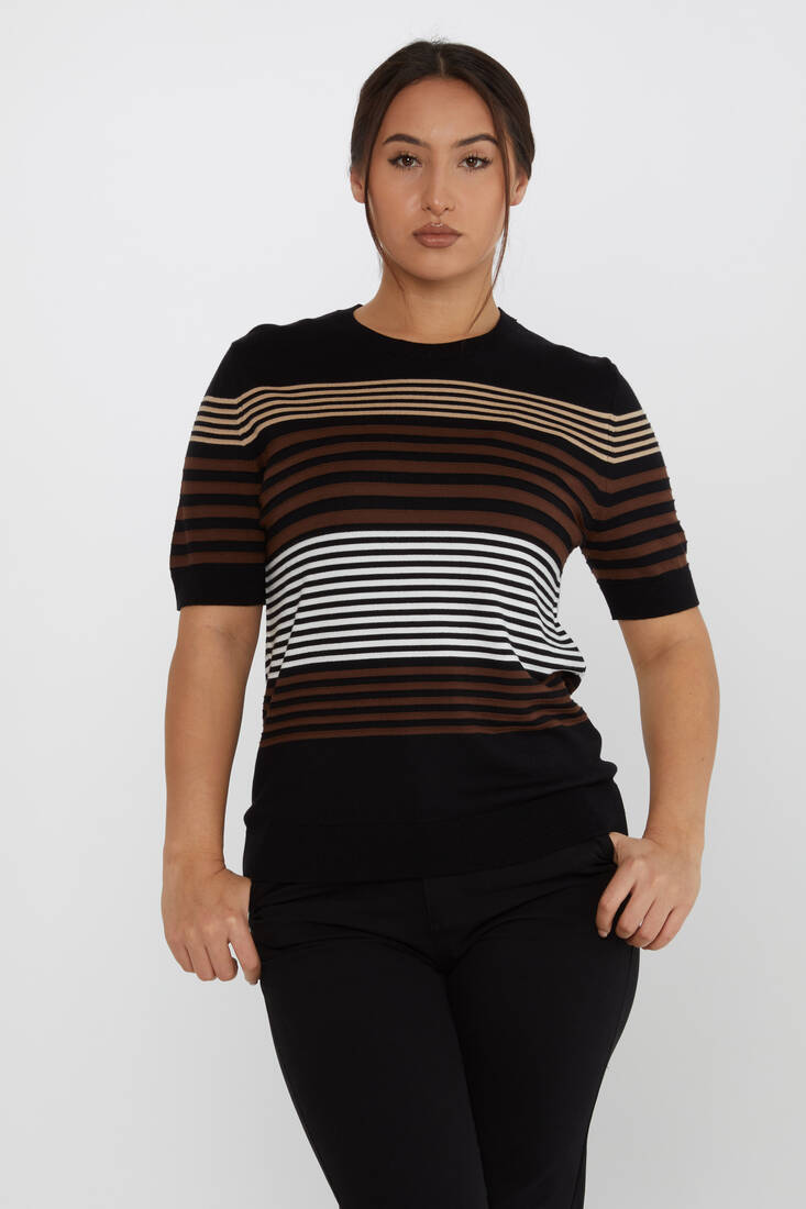 Women's Knitwear Short Sleeve Striped Detail Black - 31689 | KAZEE