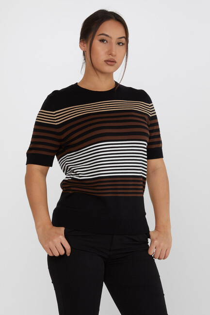 Women's Knitwear Short Sleeve Striped Detail Black - 31689 | KAZEE - Thumbnail