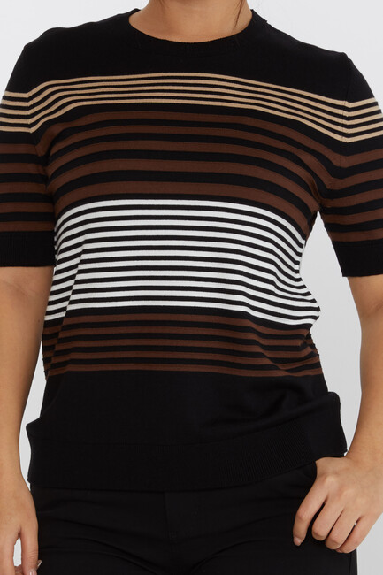 Women's Knitwear Short Sleeve Striped Detail Black - 31689 | KAZEE - Thumbnail