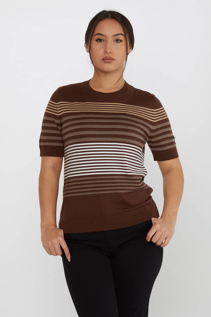 Women's Knitwear Short Sleeve Striped Detail Brown - 31689 | KAZEE