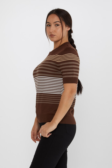 Women's Knitwear Short Sleeve Striped Detail Brown - 31689 | KAZEE - Thumbnail