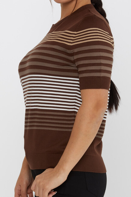 Women's Knitwear Short Sleeve Striped Detail Brown - 31689 | KAZEE - Thumbnail