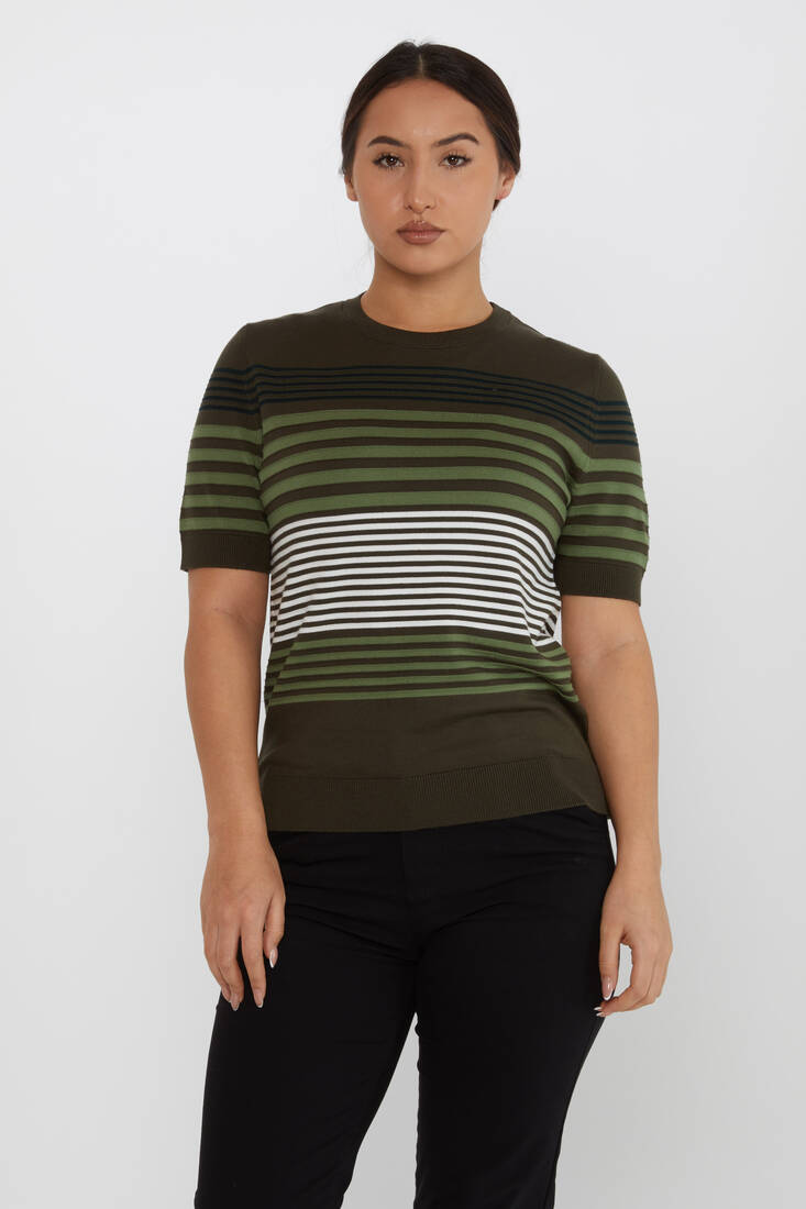 Women's Knitwear Short Sleeve Striped Detail Khaki - 31689 | KAZEE