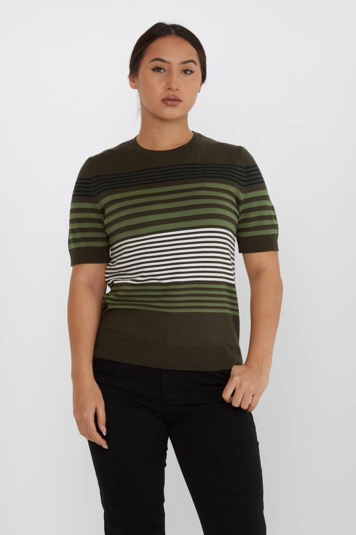 Women's Knitwear Short Sleeve Striped Detail Khaki - 31689 | KAZEE