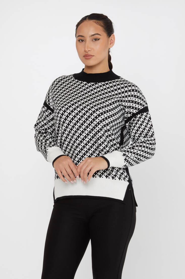 Women's Knitwear Patterned Black-Ecru - 30953 | KAZEE