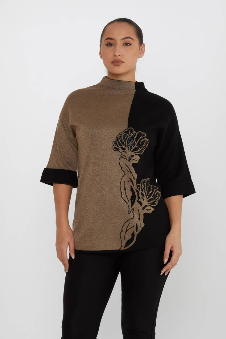 Women's Knitwear Patterned Stone Detailed Dark Mink - 31672 | KAZEE