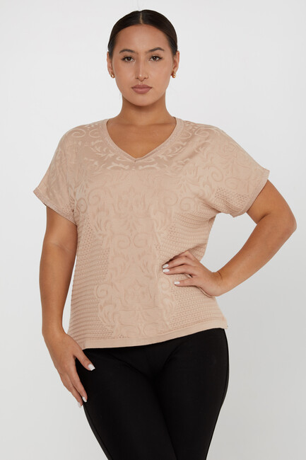 Women's Knitwear Patterned V Neck Beige - 31249 | KAZEE - Thumbnail