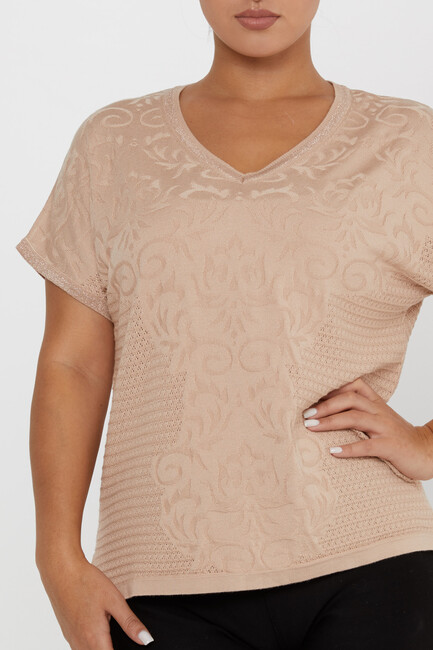 Women's Knitwear Patterned V Neck Beige - 31249 | KAZEE - Thumbnail