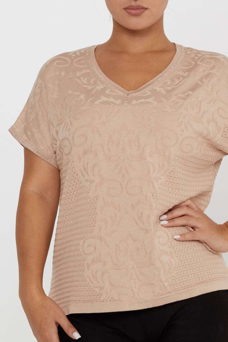 Women's Knitwear Patterned V Neck Beige - 31249 | KAZEE